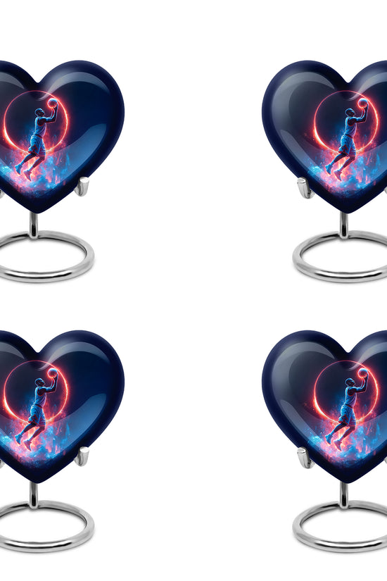 Calming Blue Basketball Cremation Urn angled view of lid and engraved motif - romantic heart urn with basketball motif on aluminum - 10 inch aluminum urn for cremated remains