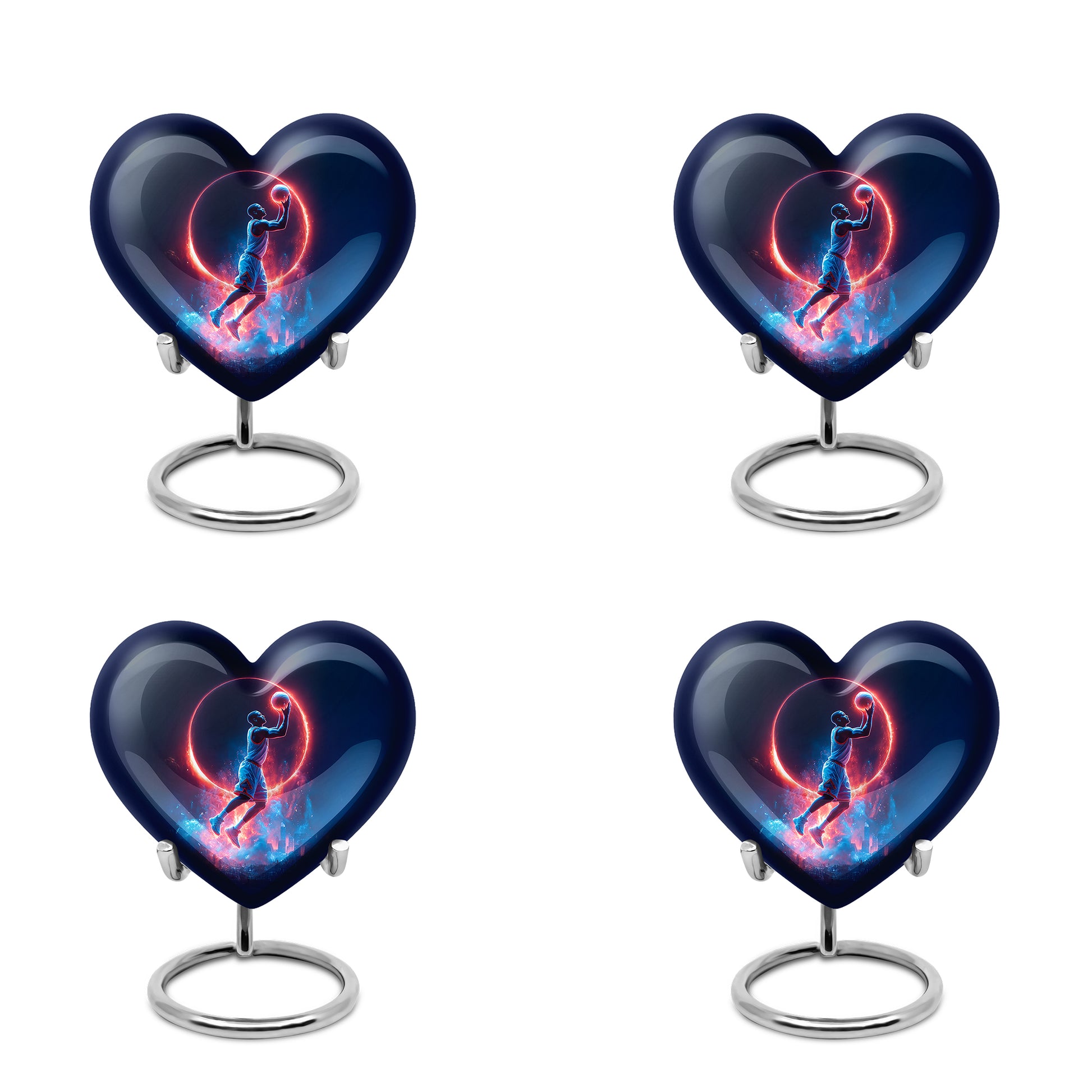 Calming Blue Basketball Cremation Urn angled view of lid and engraved motif - romantic heart urn with basketball motif on aluminum - 10 inch aluminum urn for cremated remains
