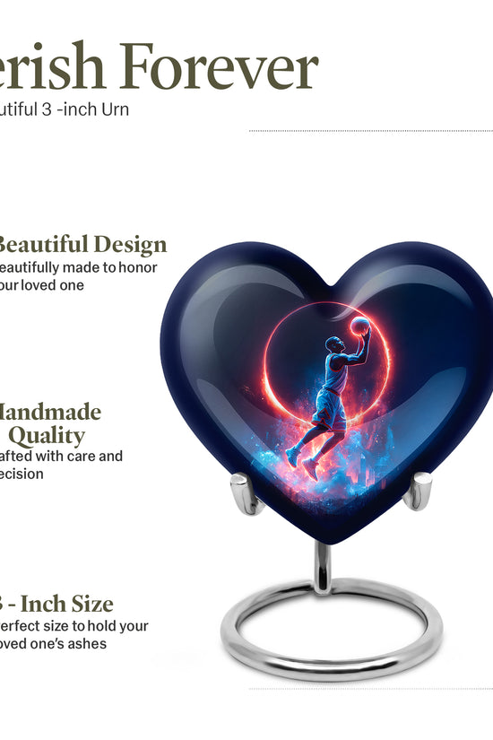 Navy Blue Basketball Cremation Urn front view showing detailed design - heart-shaped basketball design symbolizing eternal love - mini keepsake memorial for portion of cremation ashes