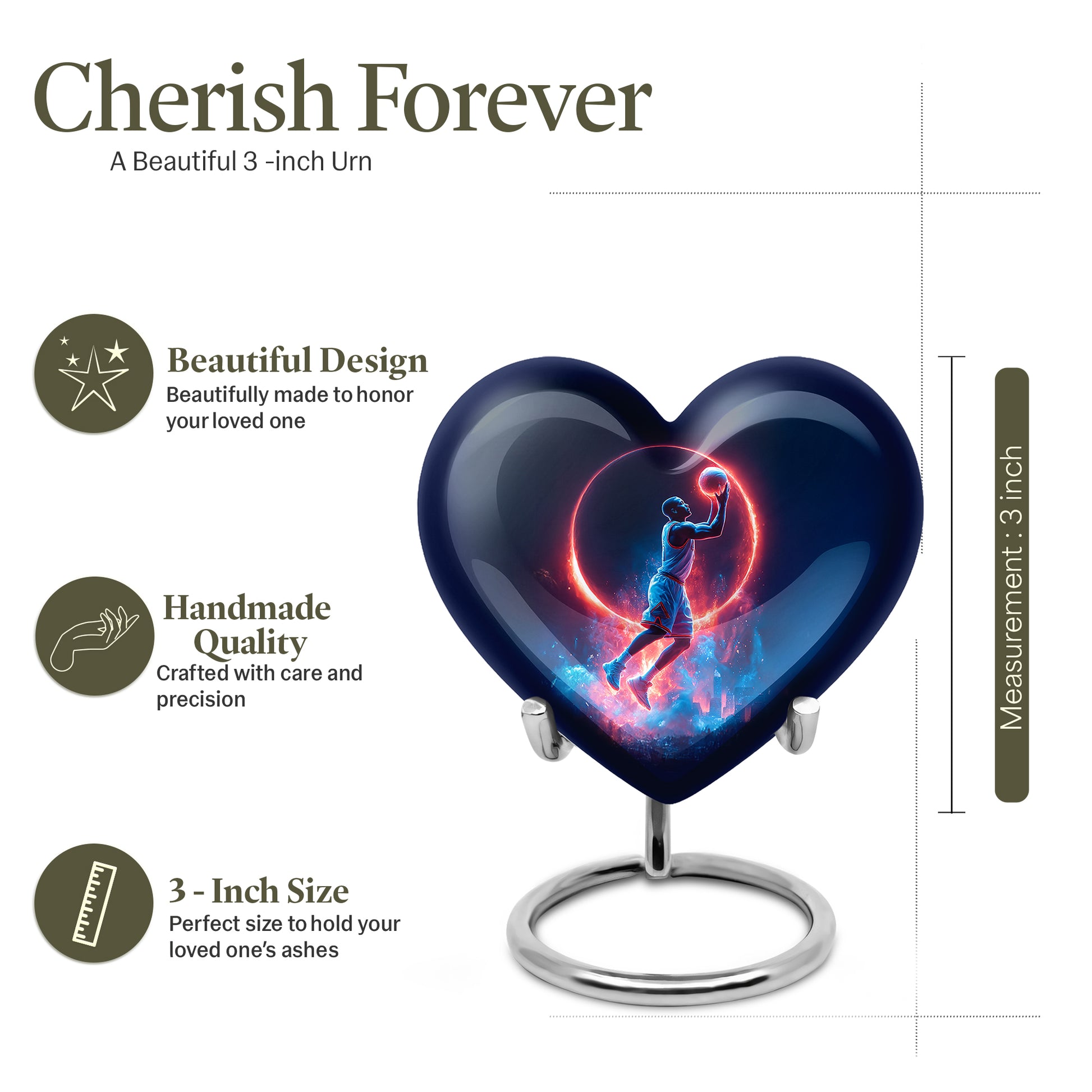 Navy Blue Basketball Cremation Urn front view showing detailed design - heart-shaped basketball design symbolizing eternal love - mini keepsake memorial for portion of cremation ashes