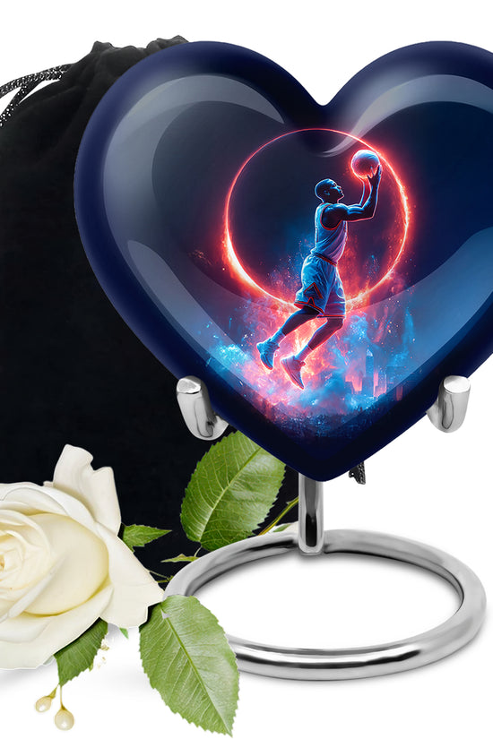 Indigo Basketball Cremation Urn detail view - heart-shaped basketball design symbolizing eternal love - full-size 10 inch 200 cubic inch adult cremation urn