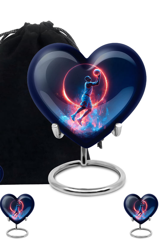 Cornflower Blue Basketball Cremation Urn close-up of engraving and surface detail - compassionate heart-basketball combination with gentle curves - memorial set with one large and four small urns