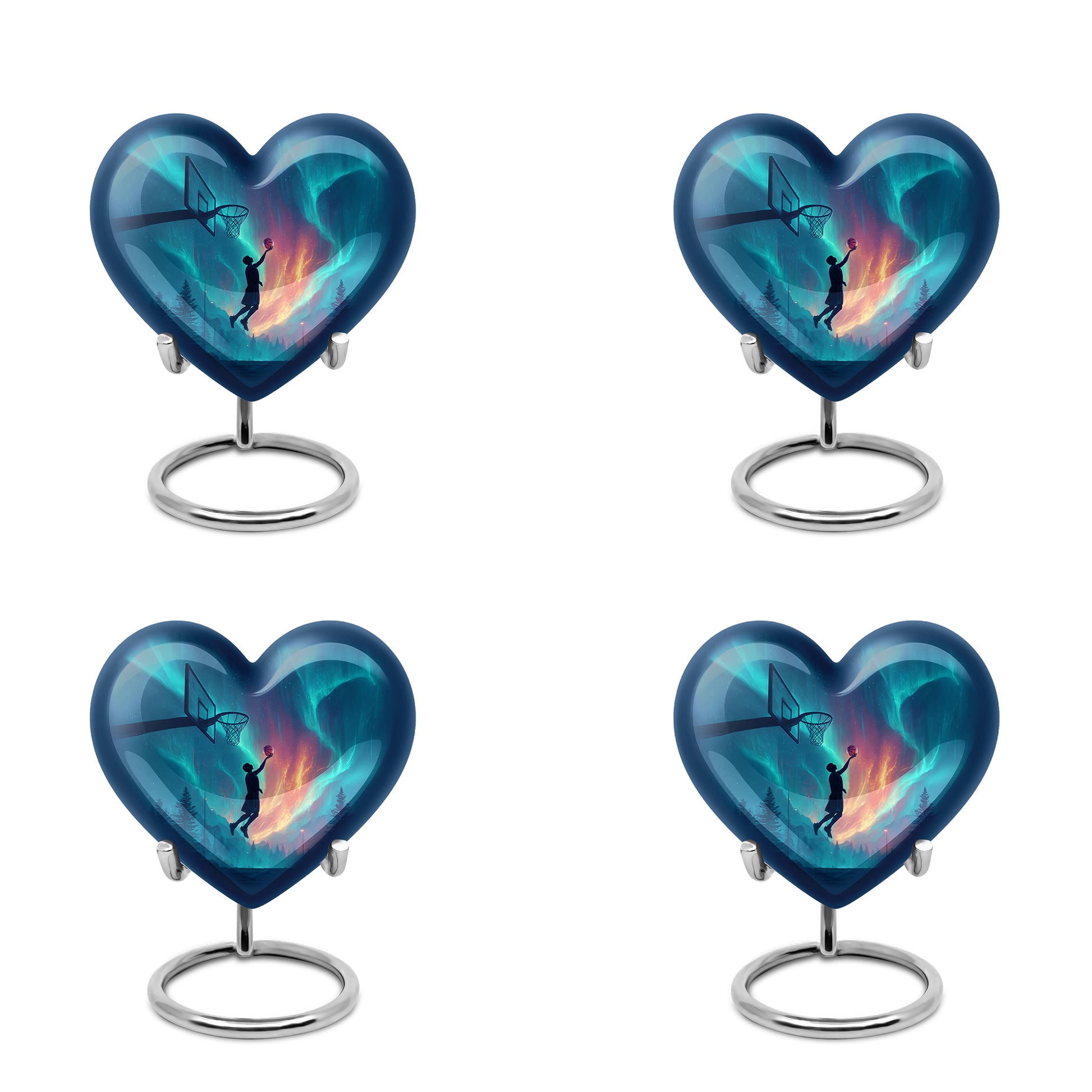 Soft Blue Basketball Cremation Urn angled view of lid and engraved motif - compassionate heart-basketball combination with gentle curves - 10 inch aluminum urn for cremated remains