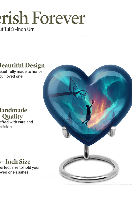 Slate Blue Basketball Cremation Urn front view showing detailed design - heart-shaped basketball design symbolizing eternal love - mini keepsake memorial for portion of cremation ashes