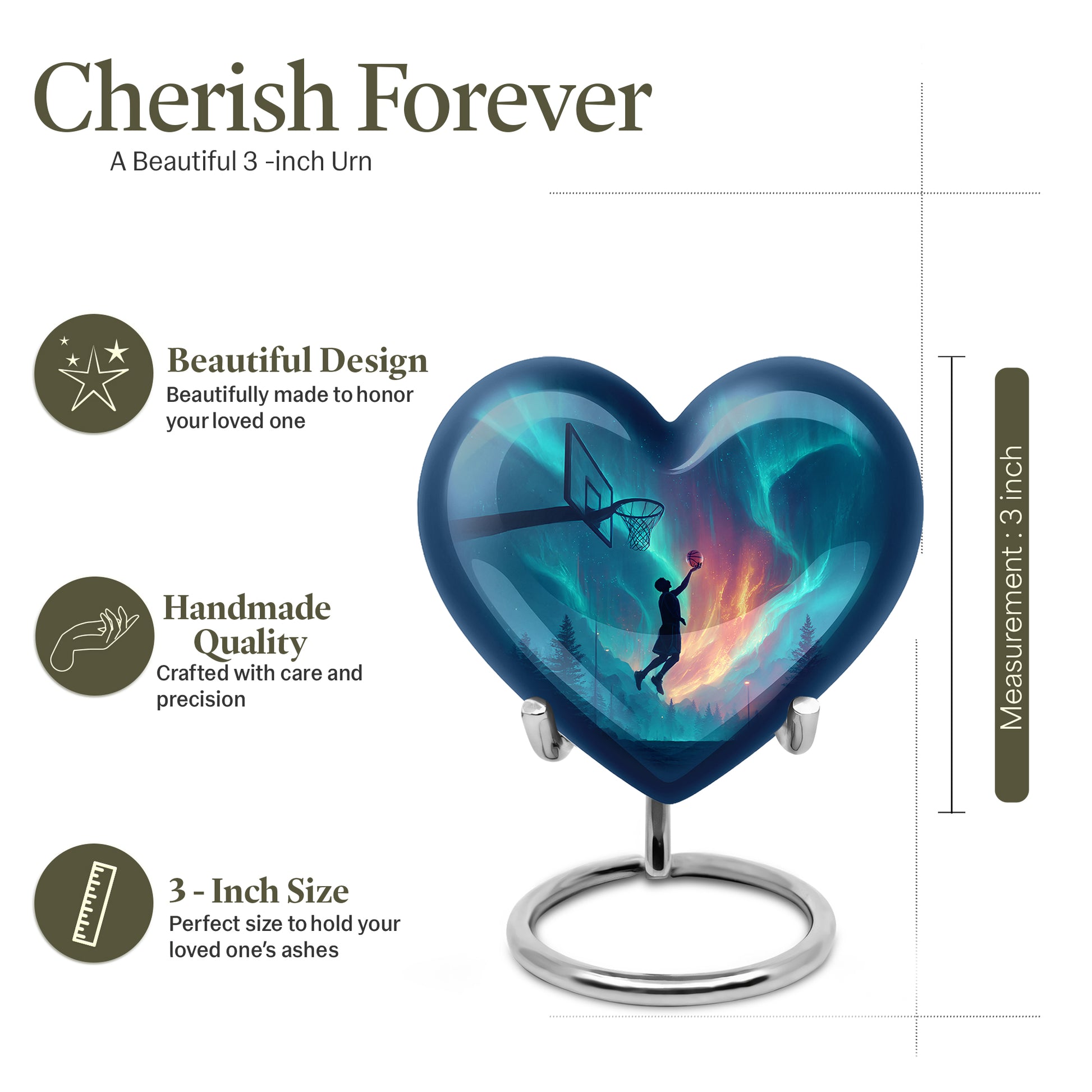 Slate Blue Basketball Cremation Urn front view showing detailed design - heart-shaped basketball design symbolizing eternal love - mini keepsake memorial for portion of cremation ashes