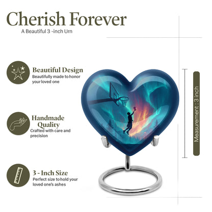 Slate Blue Basketball Cremation Urn front view showing detailed design - heart-shaped basketball design symbolizing eternal love - mini keepsake memorial for portion of cremation ashes