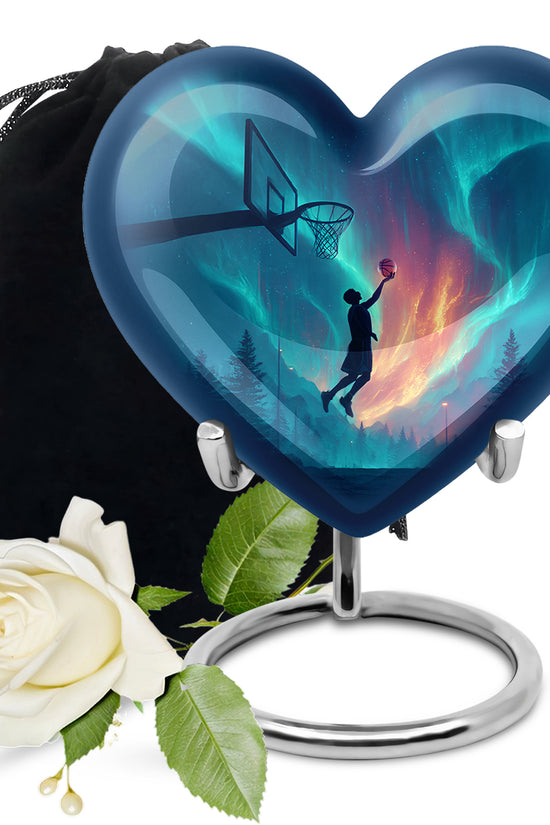 Icy Blue Basketball Cremation Urn detail view - heart-shaped basketball design symbolizing eternal love - full-size 10 inch 200 cubic inch adult cremation urn