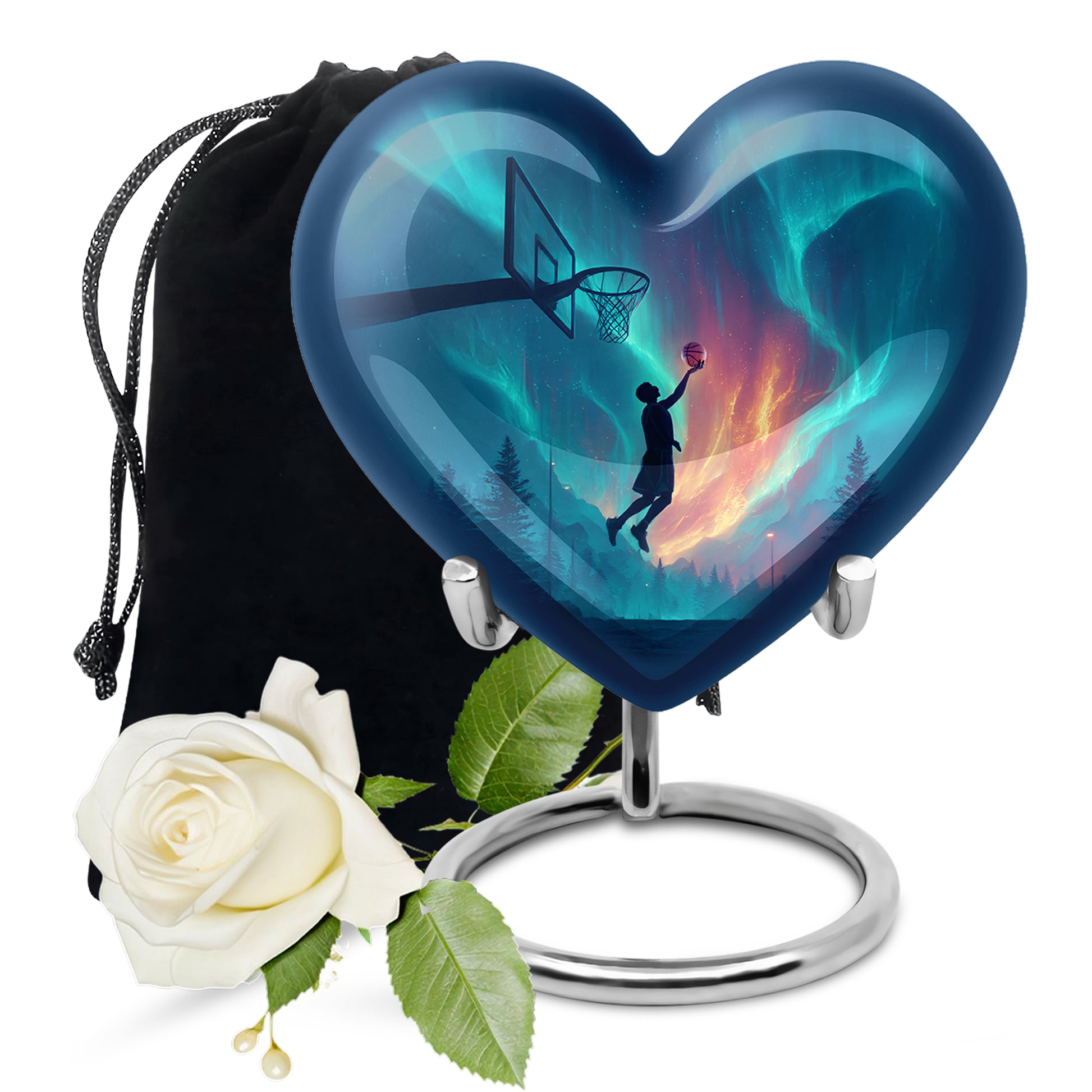 Icy Blue Basketball Cremation Urn detail view - heart-shaped basketball design symbolizing eternal love - full-size 10 inch 200 cubic inch adult cremation urn