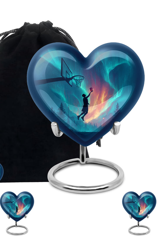 Dusty Blue Basketball Cremation Urn close-up of engraving and surface detail - heart-shaped basketball design symbolizing eternal love - memorial set with one large and four small urns