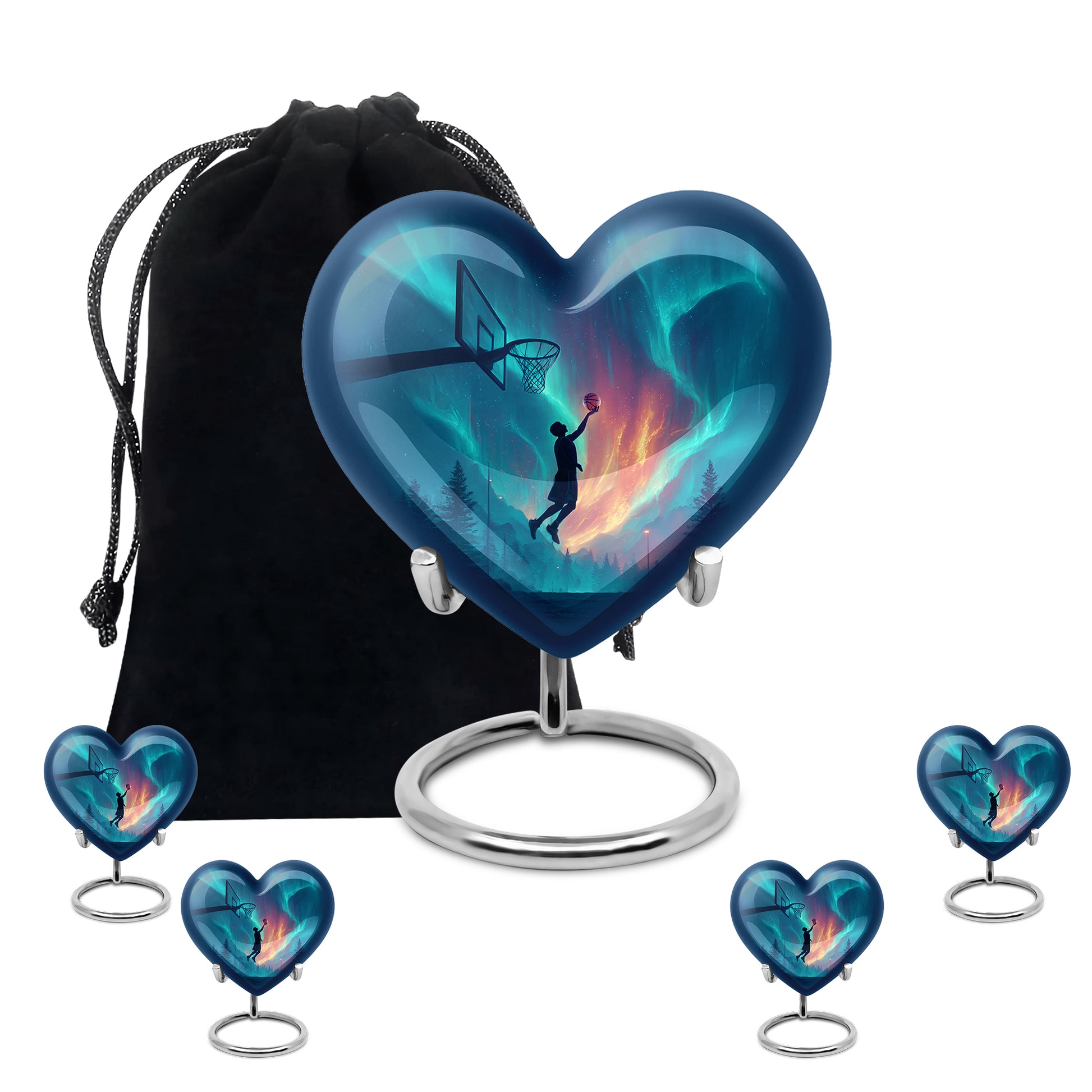 Dusty Blue Basketball Cremation Urn close-up of engraving and surface detail - heart-shaped basketball design symbolizing eternal love - memorial set with one large and four small urns
