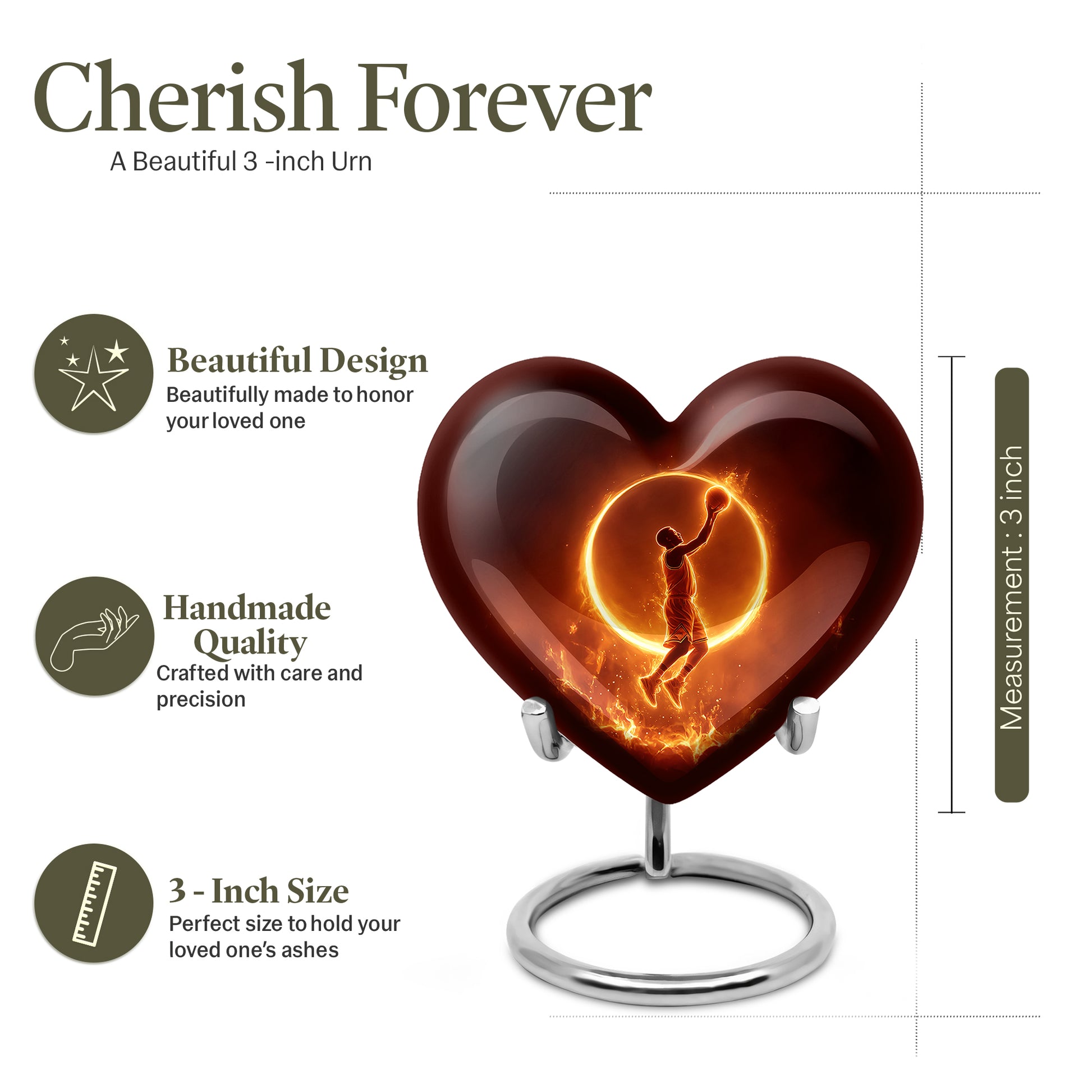 Jet Black Basketball Cremation Urn front view showing detailed design - heart-shaped basketball design symbolizing eternal love - mini keepsake memorial for portion of cremation ashes