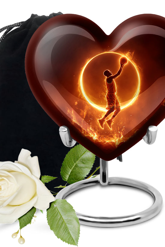 Ebony Basketball Cremation Urn detail view - loving heart memorial featuring basketball pattern - full-size 10 inch 200 cubic inch adult cremation urn