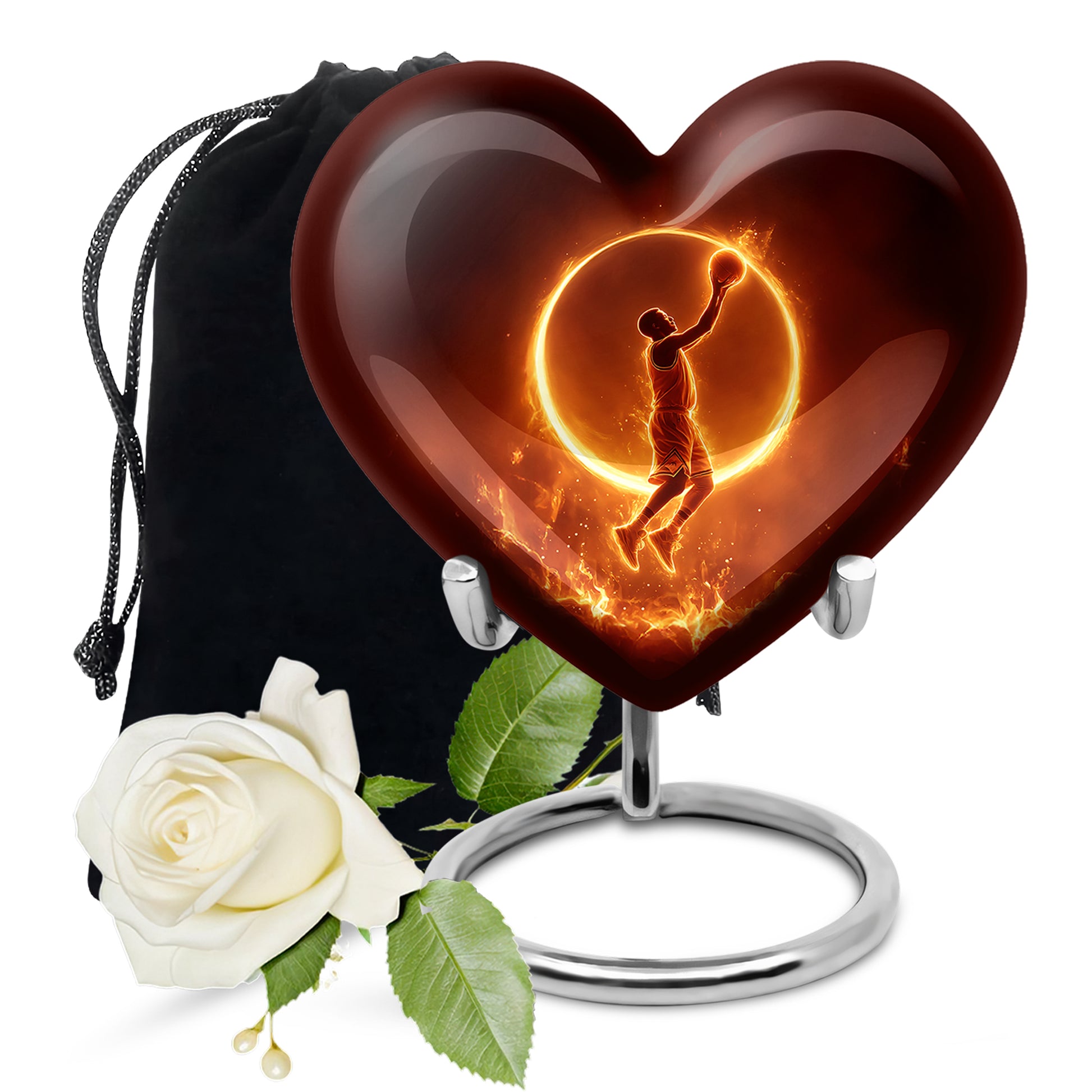 Ebony Basketball Cremation Urn detail view - loving heart memorial featuring basketball pattern - full-size 10 inch 200 cubic inch adult cremation urn