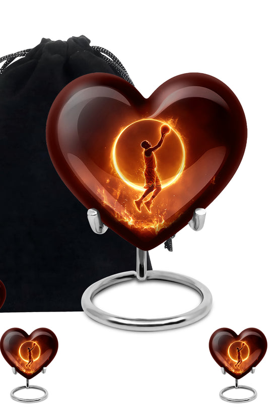 Onyx Black Basketball Cremation Urn close-up of engraving and surface detail - compassionate heart-basketball combination with gentle curves - memorial set with one large and four small urns