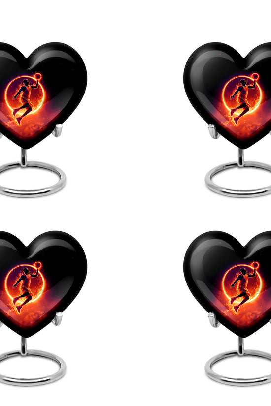 Glossy Black Basketball Cremation Urn angled view of lid and engraved motif - heart-shaped basketball design symbolizing eternal love - 10 inch aluminum urn for cremated remains