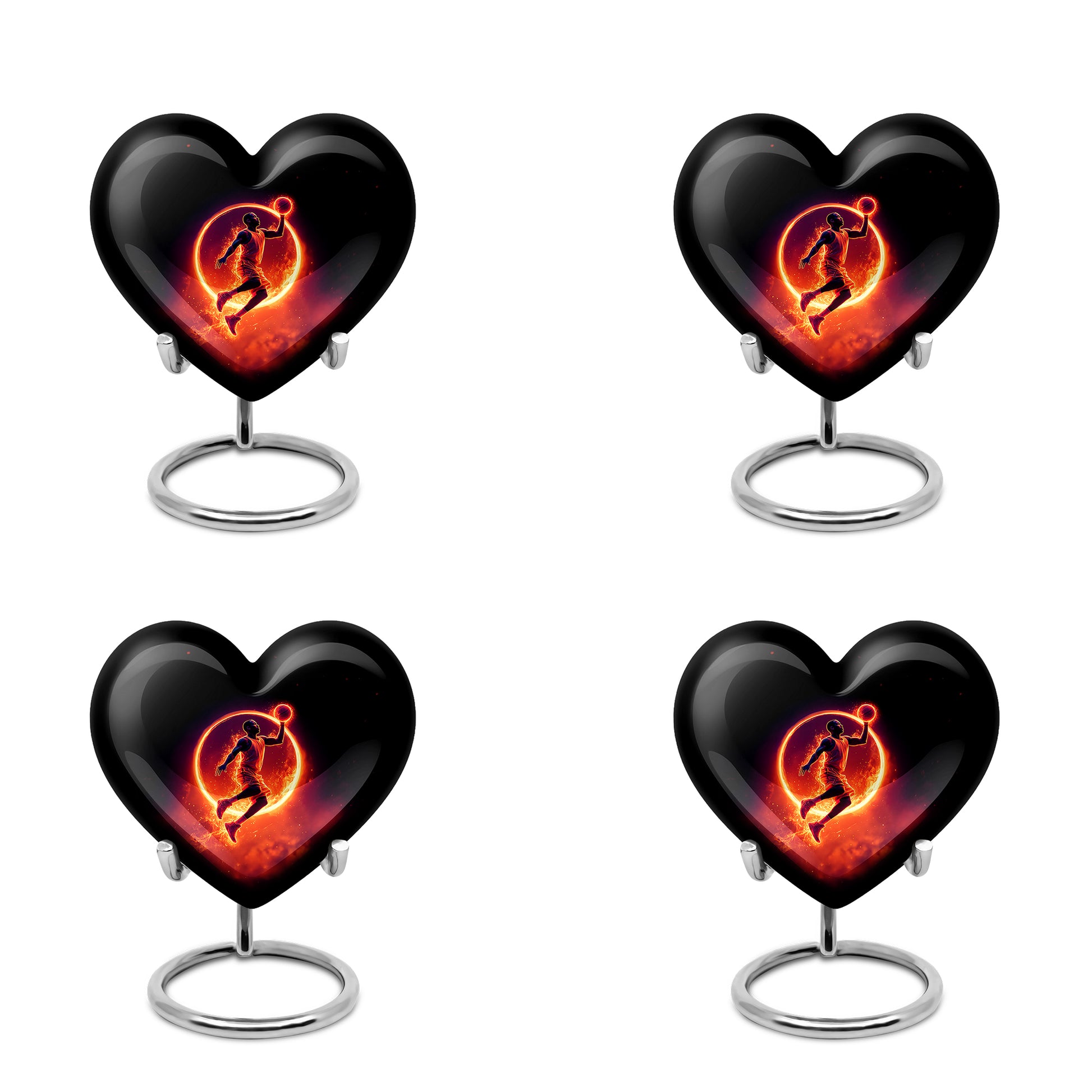 Glossy Black Basketball Cremation Urn angled view of lid and engraved motif - heart-shaped basketball design symbolizing eternal love - 10 inch aluminum urn for cremated remains
