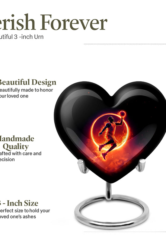 Ebony Basketball Cremation Urn front view showing detailed design - heart-shaped basketball design symbolizing eternal love - mini keepsake memorial for portion of cremation ashes
