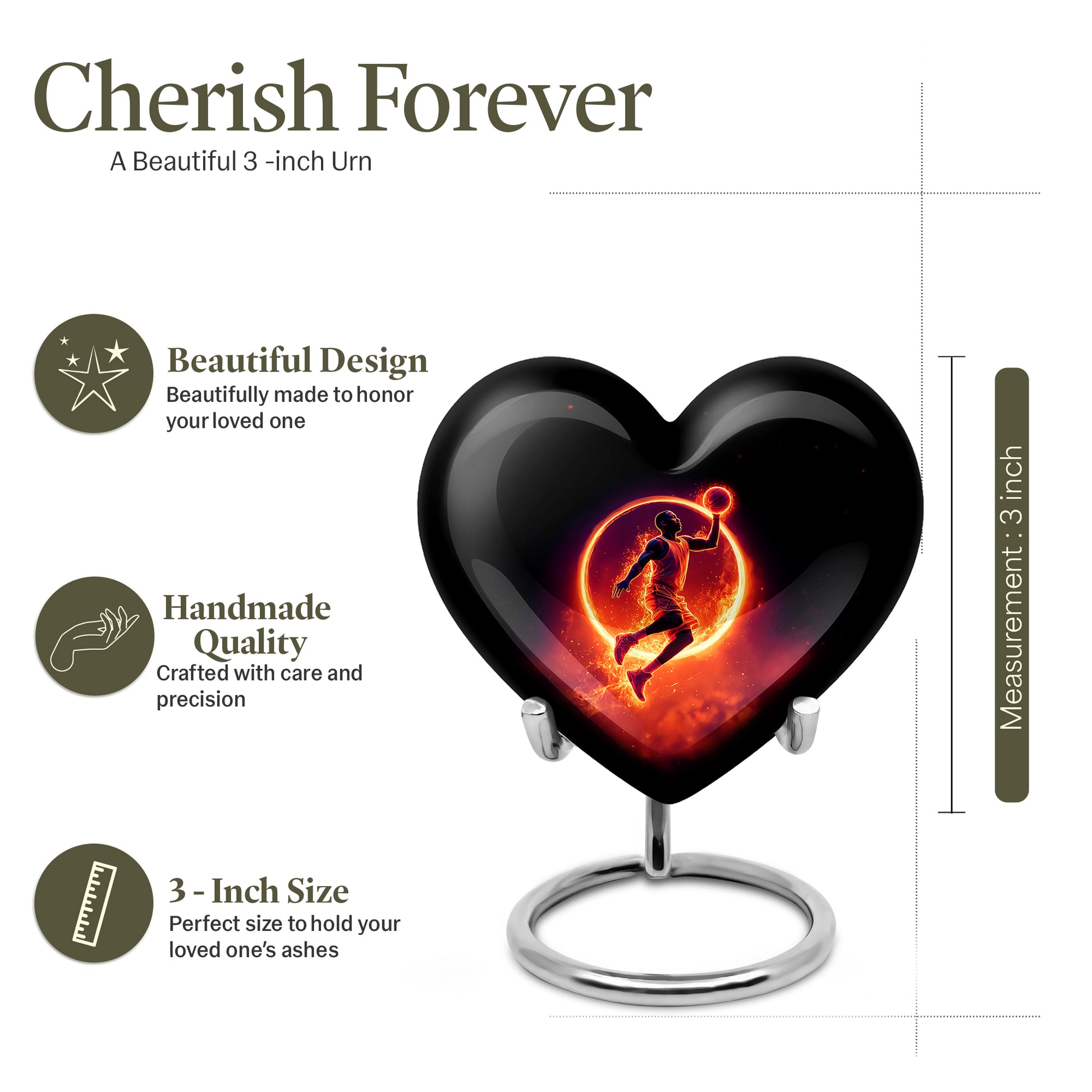 Ebony Basketball Cremation Urn front view showing detailed design - heart-shaped basketball design symbolizing eternal love - mini keepsake memorial for portion of cremation ashes
