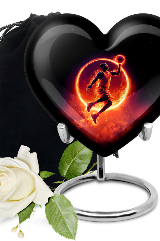 Jet Black Basketball Cremation Urn detail view - heart-shaped basketball design symbolizing eternal love - full-size 10 inch 200 cubic inch adult cremation urn