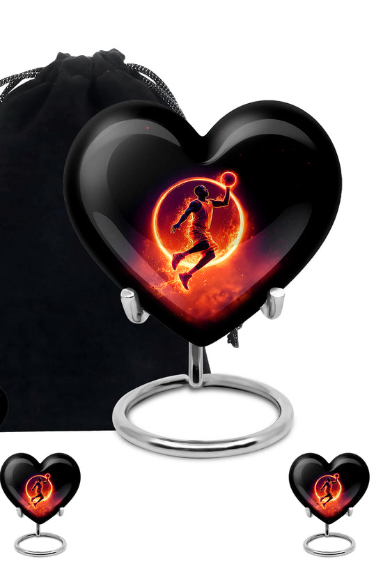 Charcoal Black Basketball Cremation Urn close-up of engraving and surface detail - compassionate heart-basketball combination with gentle curves - memorial set with one large and four small urns