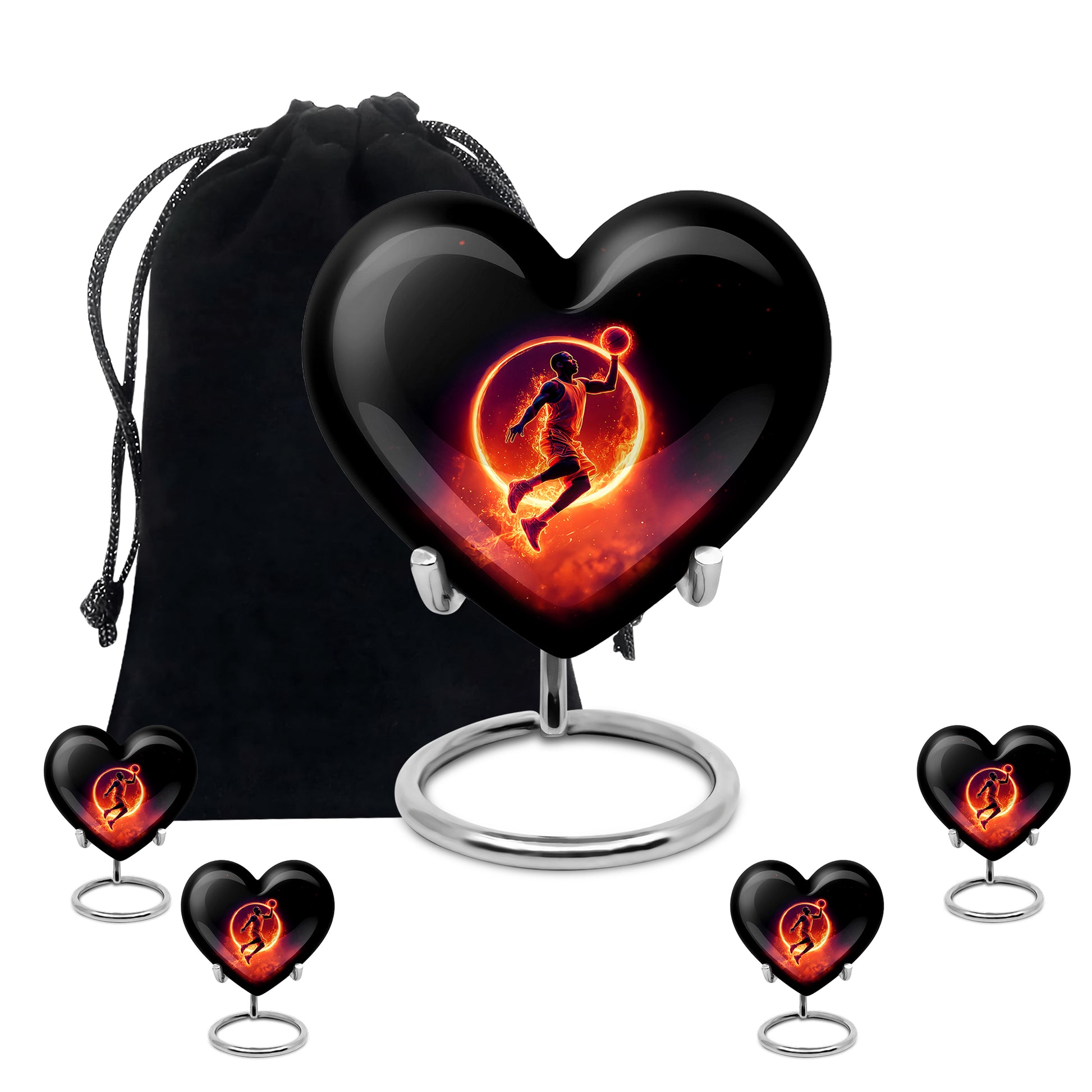 Charcoal Black Basketball Cremation Urn close-up of engraving and surface detail - compassionate heart-basketball combination with gentle curves - memorial set with one large and four small urns