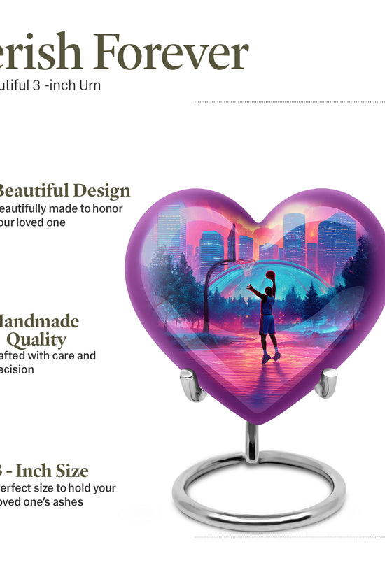 Cherry Red Basketball Cremation Urn front view showing detailed design - romantic heart urn with basketball motif on aluminum - mini keepsake memorial for portion of cremation ashes