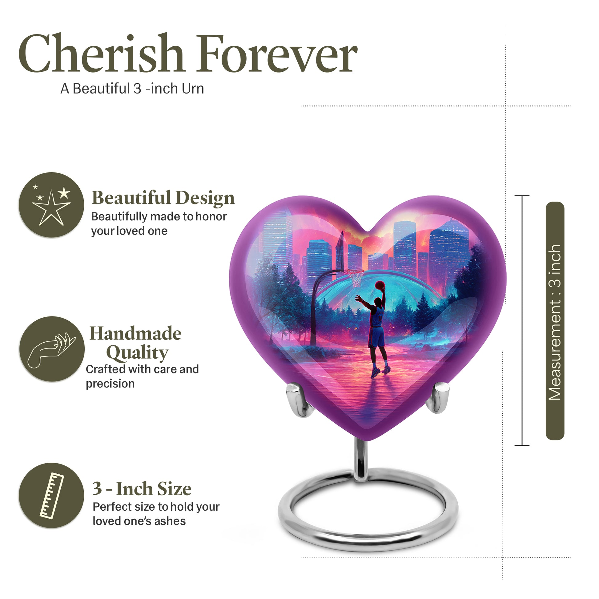 Cherry Red Basketball Cremation Urn front view showing detailed design - romantic heart urn with basketball motif on aluminum - mini keepsake memorial for portion of cremation ashes