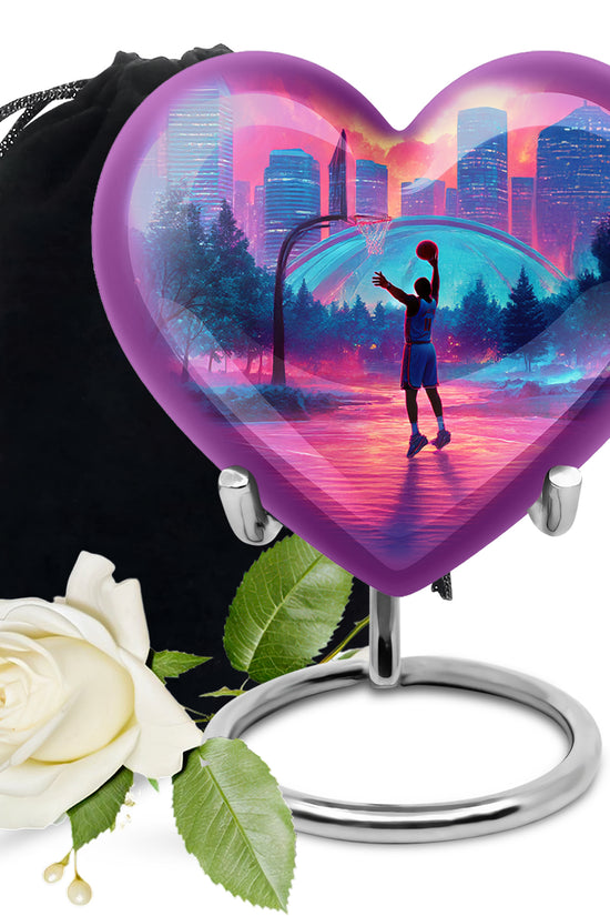 Burgundy Red Basketball Cremation Urn detail view - heart-shaped basketball design symbolizing eternal love - full-size 10 inch 200 cubic inch adult cremation urn