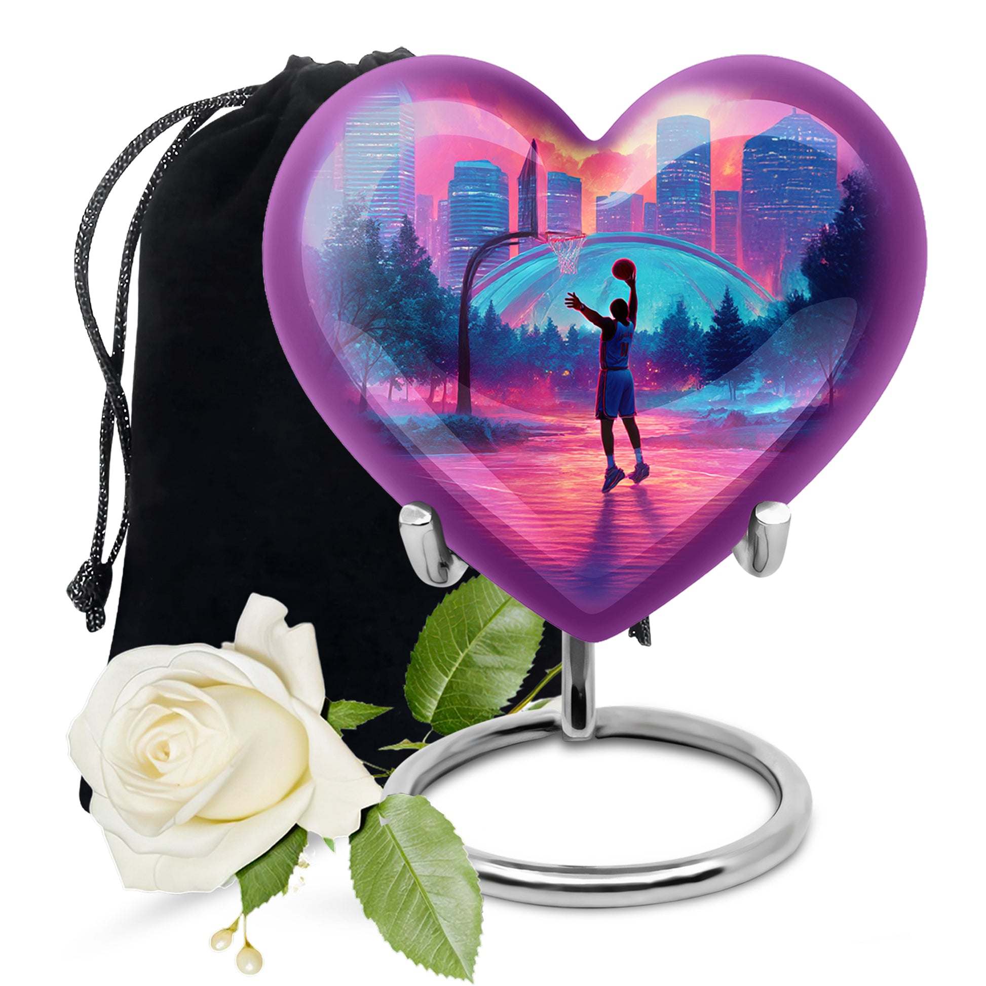 Burgundy Red Basketball Cremation Urn detail view - heart-shaped basketball design symbolizing eternal love - full-size 10 inch 200 cubic inch adult cremation urn