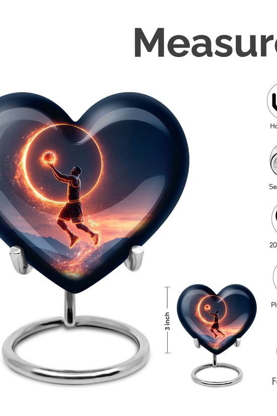 Bright Blue Basketball Cremation Urn front view showing detailed design - romantic heart urn with basketball motif on aluminum - mini keepsake memorial for portion of cremation ashes