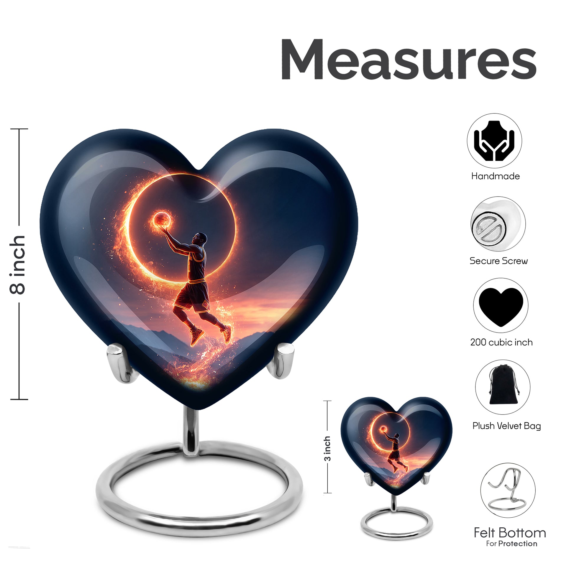 Bright Blue Basketball Cremation Urn front view showing detailed design - romantic heart urn with basketball motif on aluminum - mini keepsake memorial for portion of cremation ashes