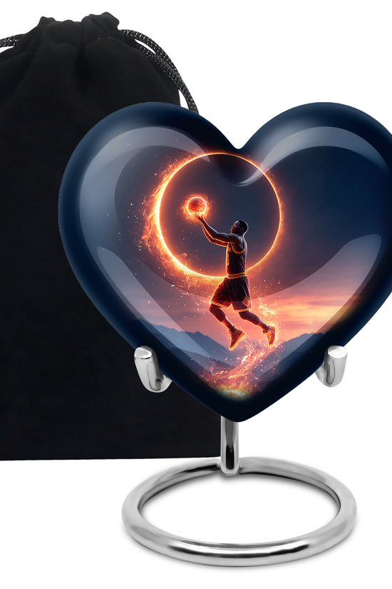 Cornflower Blue Basketball Cremation Urn detail view - romantic heart urn with basketball motif on aluminum - full-size 10 inch 200 cubic inch adult cremation urn