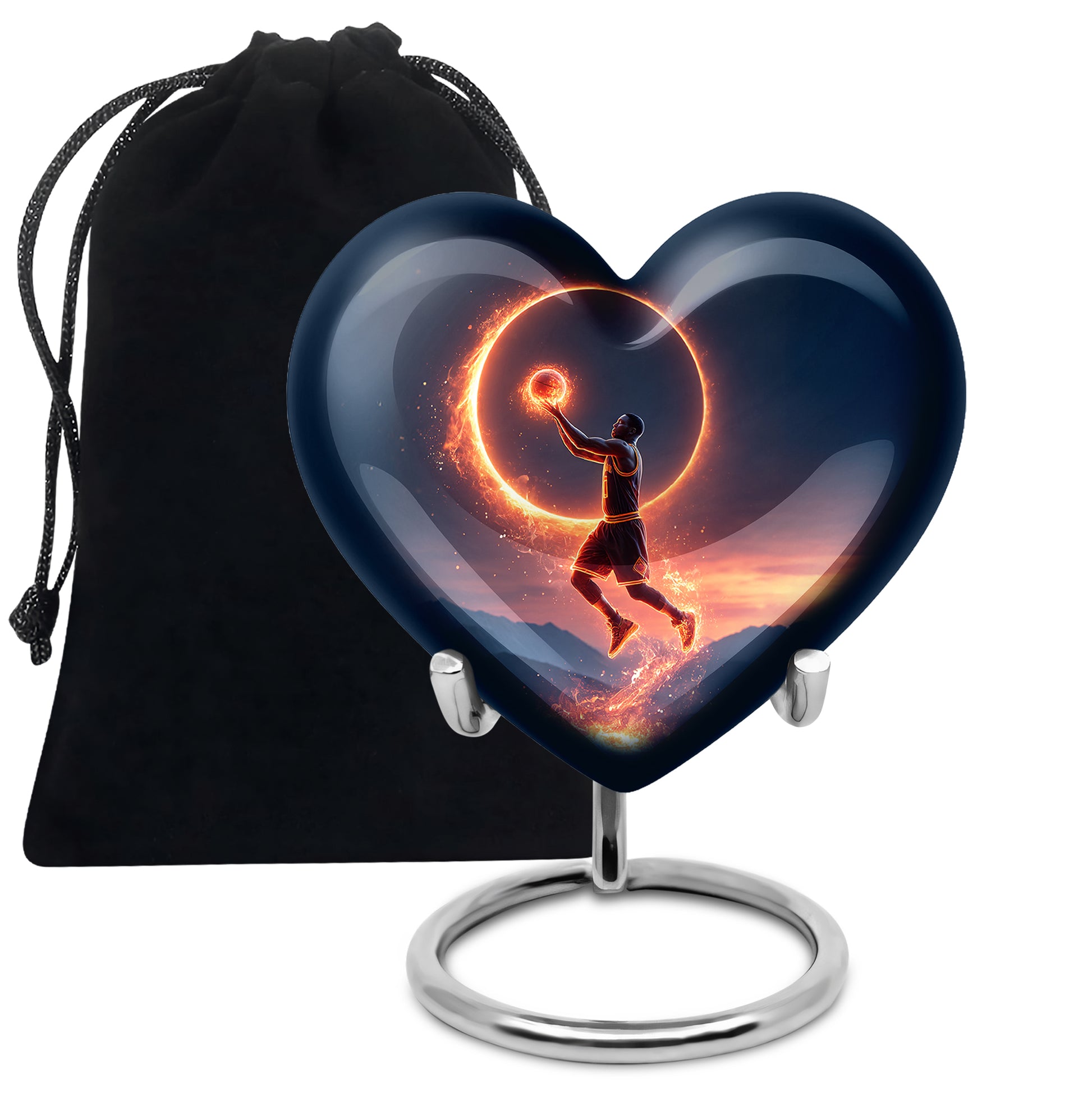 Cornflower Blue Basketball Cremation Urn detail view - romantic heart urn with basketball motif on aluminum - full-size 10 inch 200 cubic inch adult cremation urn