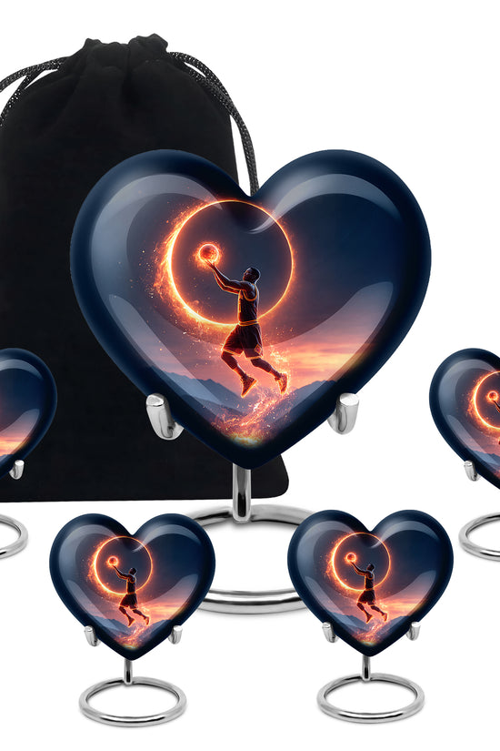 Twilight Blue Basketball Cremation Urn close-up of engraving and surface detail - compassionate heart-basketball combination with gentle curves - memorial set with one large and four small urns