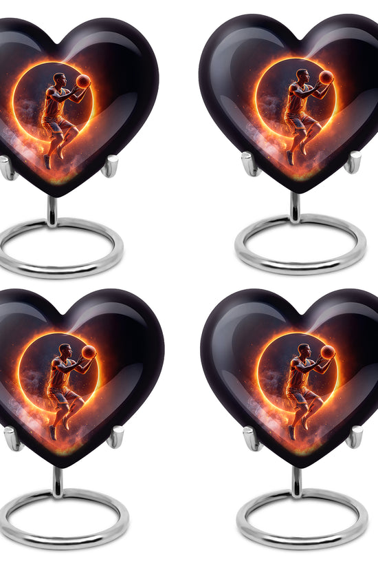 Ebony Basketball Cremation Urn angled view of lid and engraved motif - heart-shaped basketball design symbolizing eternal love - 10 inch aluminum urn for cremated remains