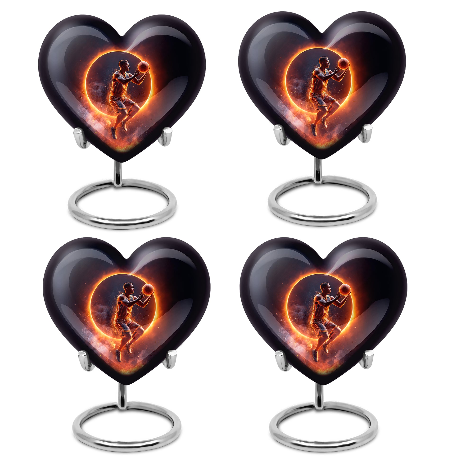Ebony Basketball Cremation Urn angled view of lid and engraved motif - heart-shaped basketball design symbolizing eternal love - 10 inch aluminum urn for cremated remains
