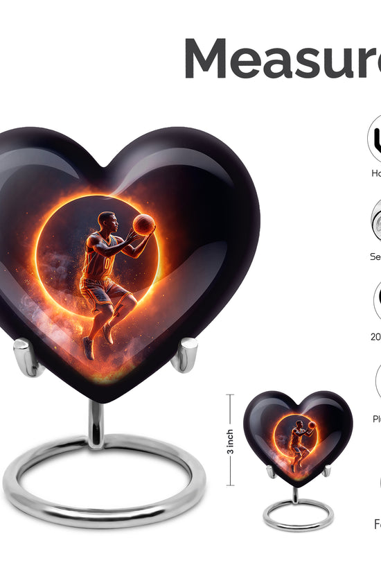 Dark Black Basketball Cremation Urn front view showing detailed design - romantic heart urn with basketball motif on aluminum - mini keepsake memorial for portion of cremation ashes
