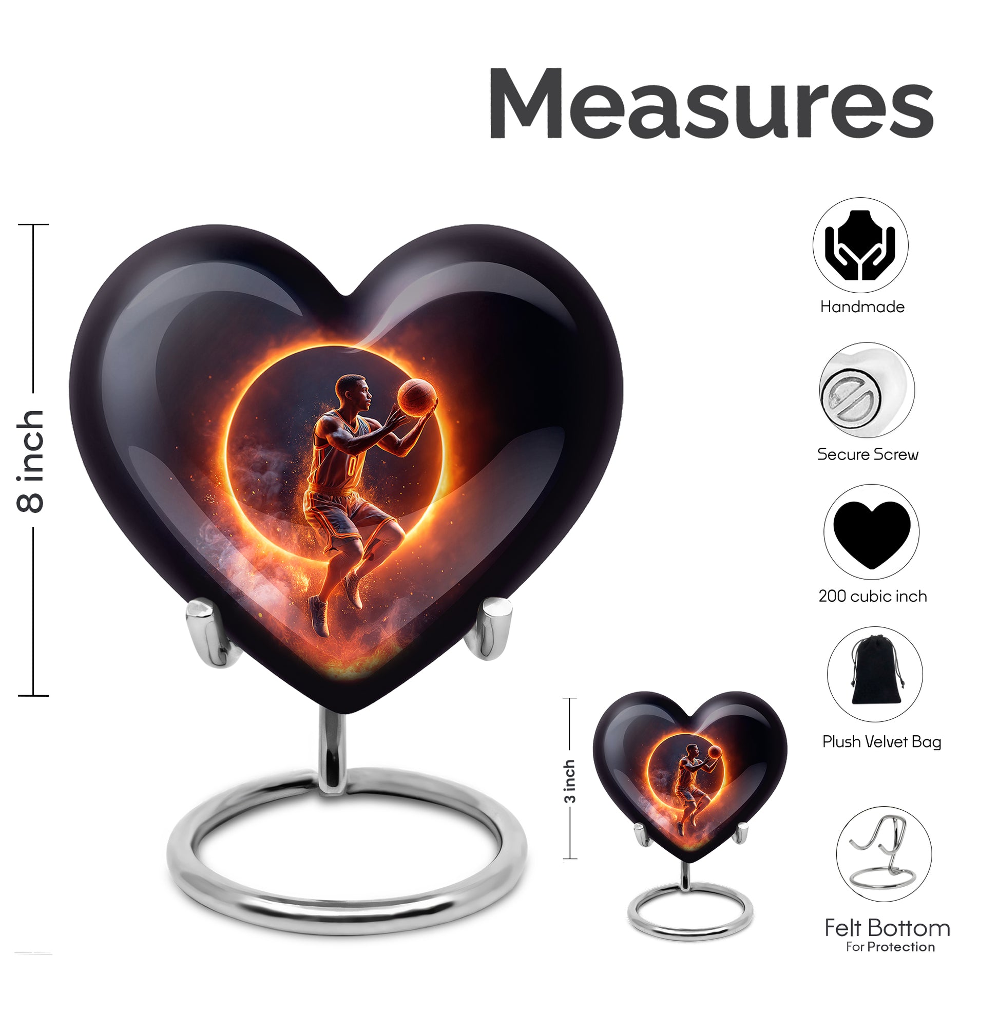 Dark Black Basketball Cremation Urn front view showing detailed design - romantic heart urn with basketball motif on aluminum - mini keepsake memorial for portion of cremation ashes