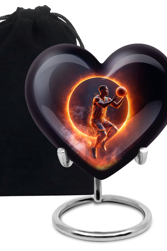 Obsidian Black Basketball Cremation Urn detail view - romantic heart urn with basketball motif on aluminum - full-size 10 inch 200 cubic inch adult cremation urn