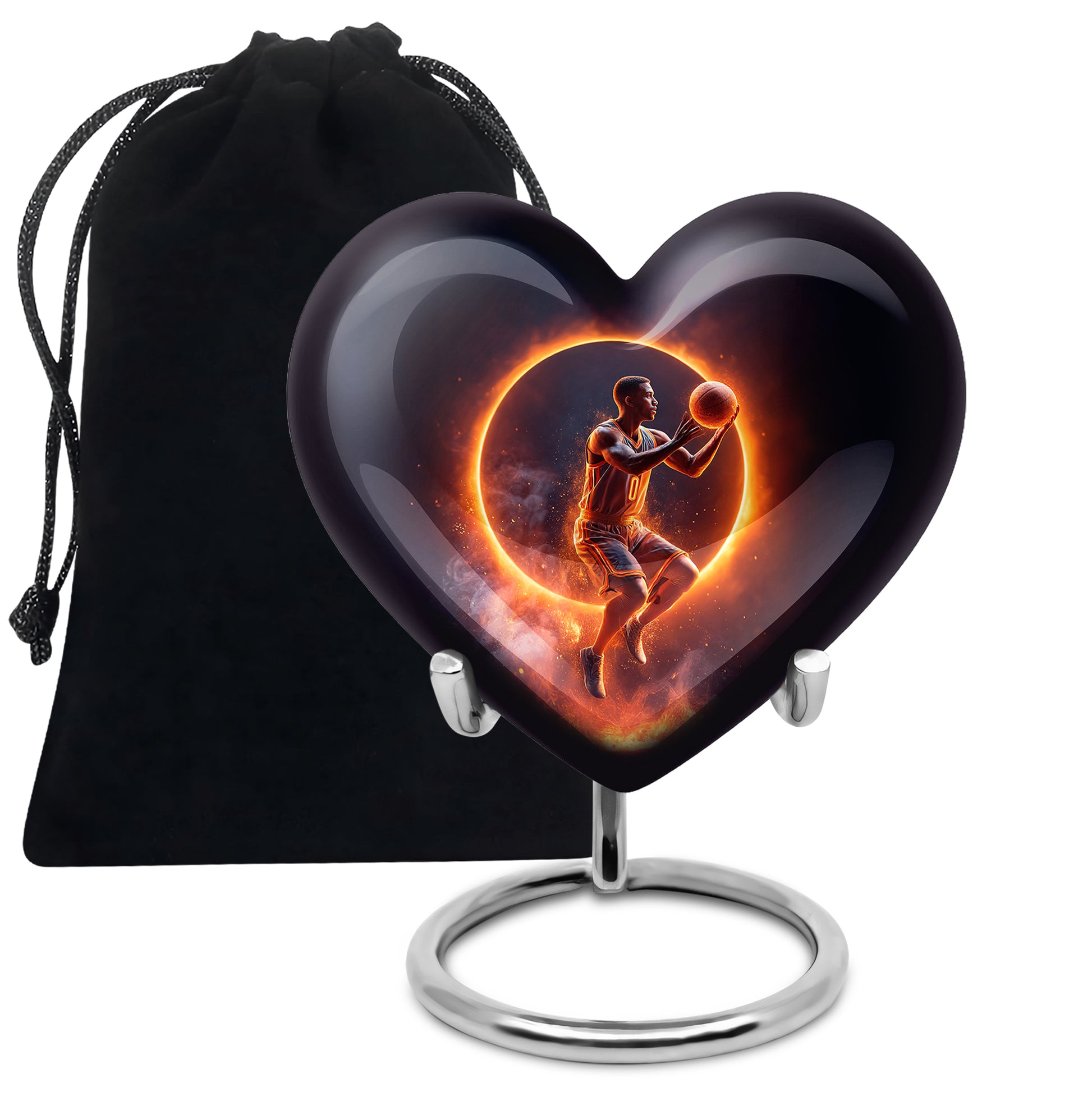 Obsidian Black Basketball Cremation Urn detail view - romantic heart urn with basketball motif on aluminum - full-size 10 inch 200 cubic inch adult cremation urn