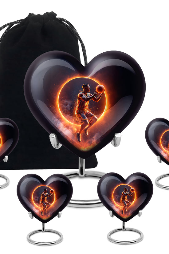 Jet Black Basketball Cremation Urn close-up of engraving and surface detail - loving heart memorial featuring basketball pattern - memorial set with one large and four small urns