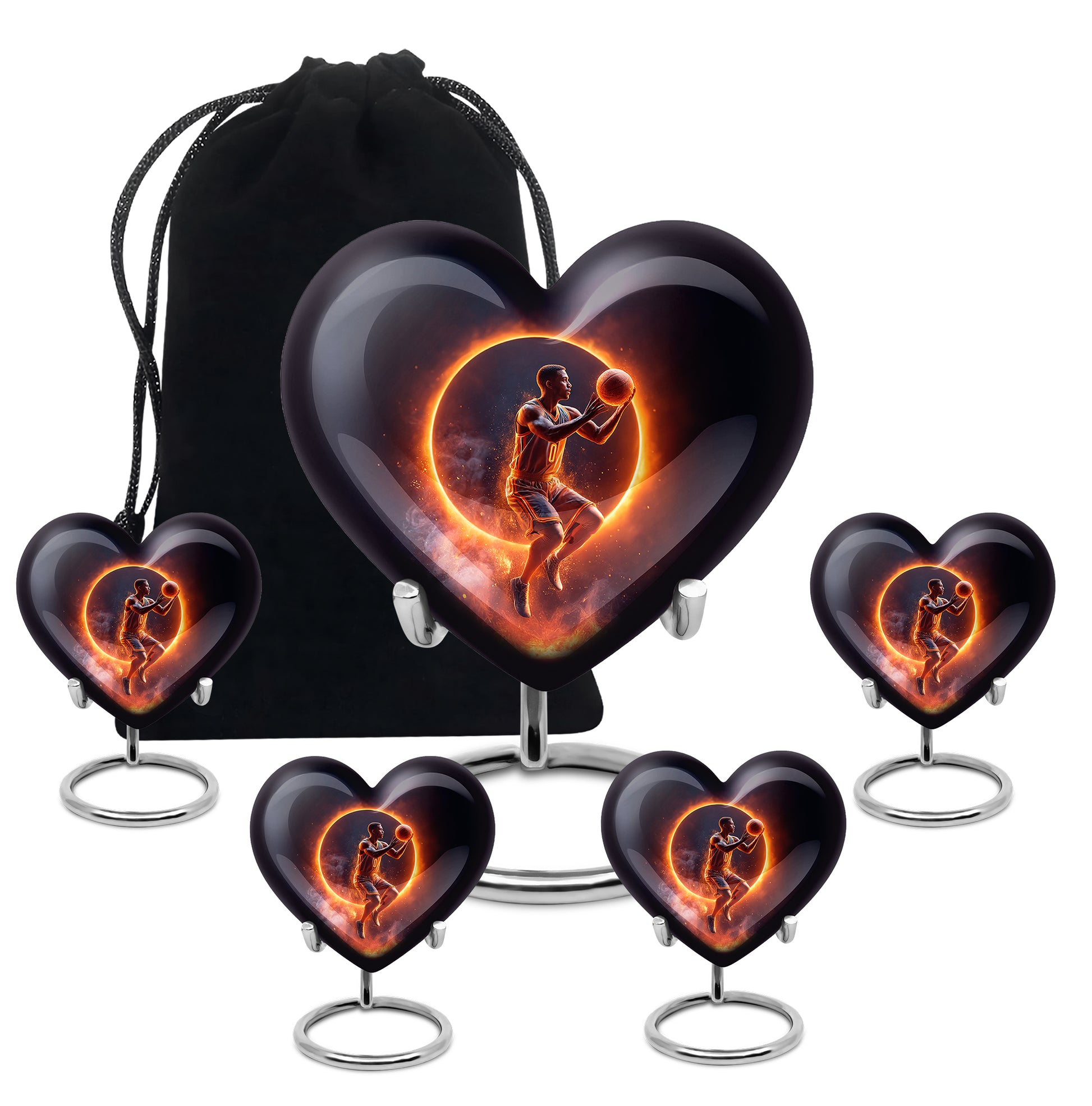 Jet Black Basketball Cremation Urn close-up of engraving and surface detail - loving heart memorial featuring basketball pattern - memorial set with one large and four small urns