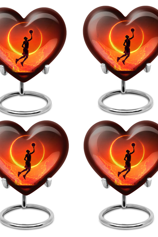 Obsidian Black Basketball Cremation Urn angled view of lid and engraved motif - romantic heart urn with basketball motif on aluminum - 10 inch aluminum urn for cremated remains