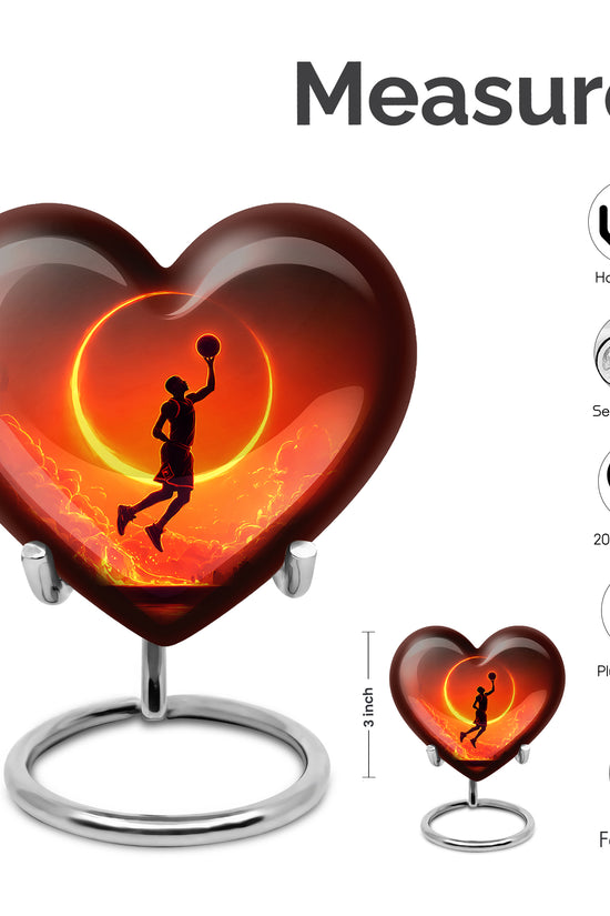 Dark Black Basketball Cremation Urn front view showing detailed design - romantic heart urn with basketball motif on aluminum - mini keepsake memorial for portion of cremation ashes