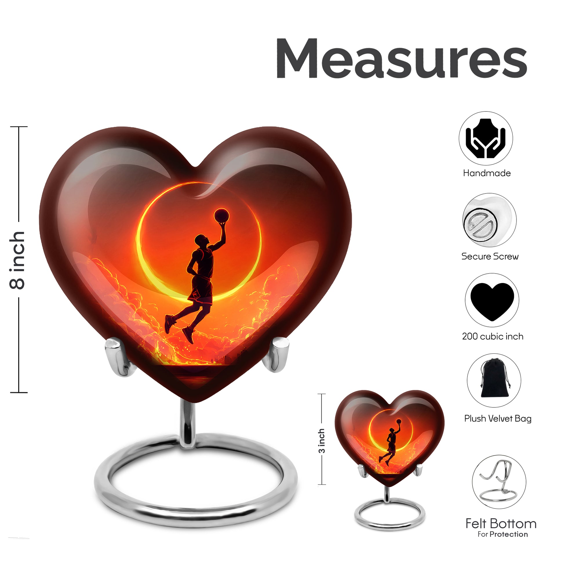 Dark Black Basketball Cremation Urn front view showing detailed design - romantic heart urn with basketball motif on aluminum - mini keepsake memorial for portion of cremation ashes