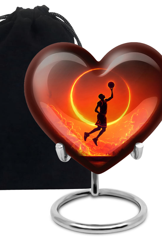 Ebony Basketball Cremation Urn detail view - loving heart memorial featuring basketball pattern - full-size 10 inch 200 cubic inch adult cremation urn