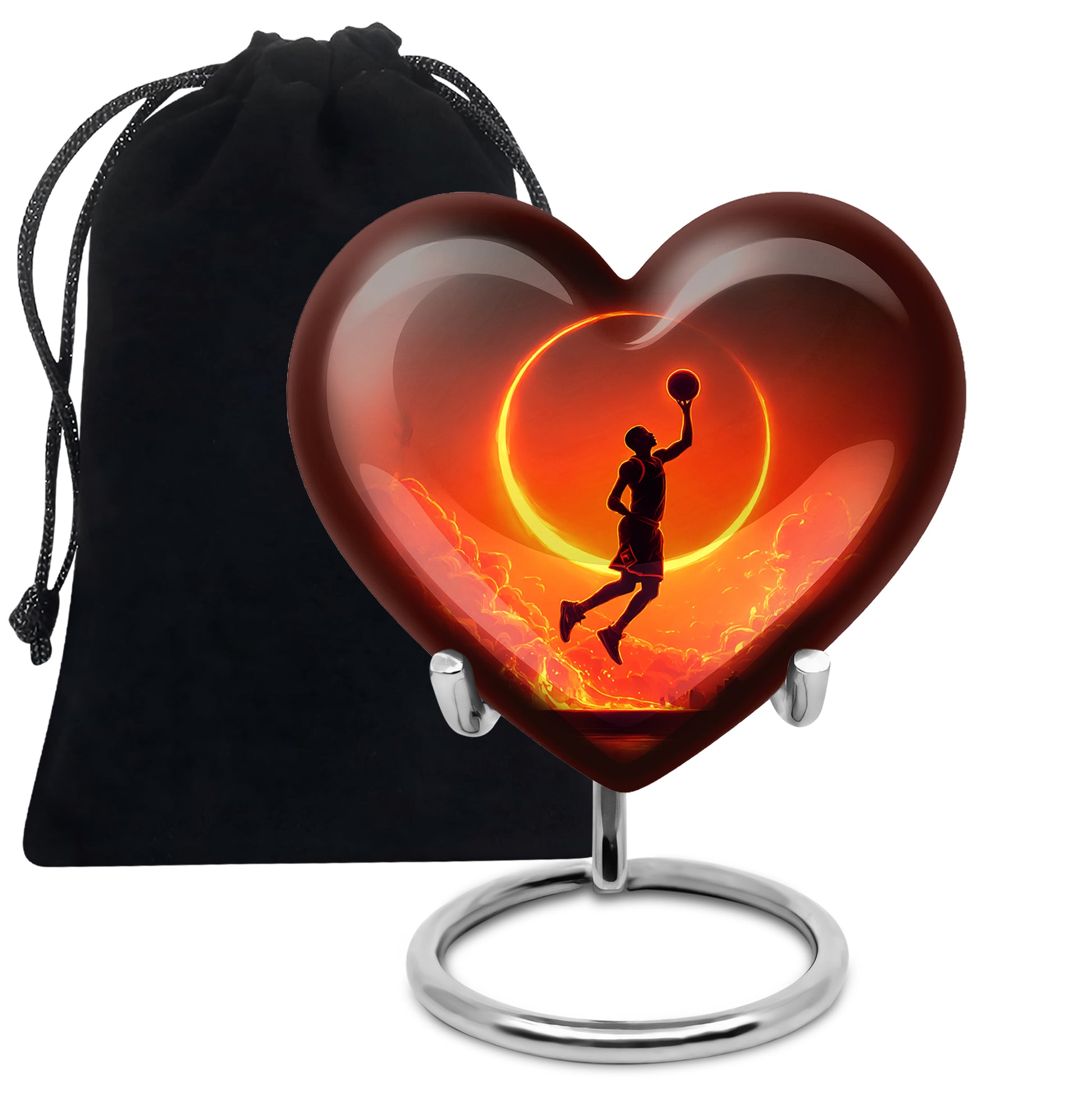 Ebony Basketball Cremation Urn detail view - loving heart memorial featuring basketball pattern - full-size 10 inch 200 cubic inch adult cremation urn