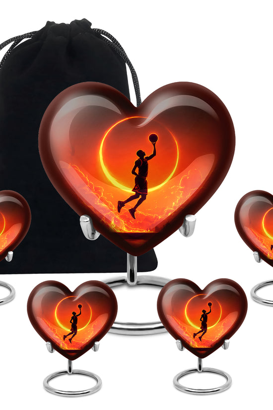 Jet Black Basketball Cremation Urn close-up of engraving and surface detail - loving heart memorial featuring basketball pattern - memorial set with one large and four small urns