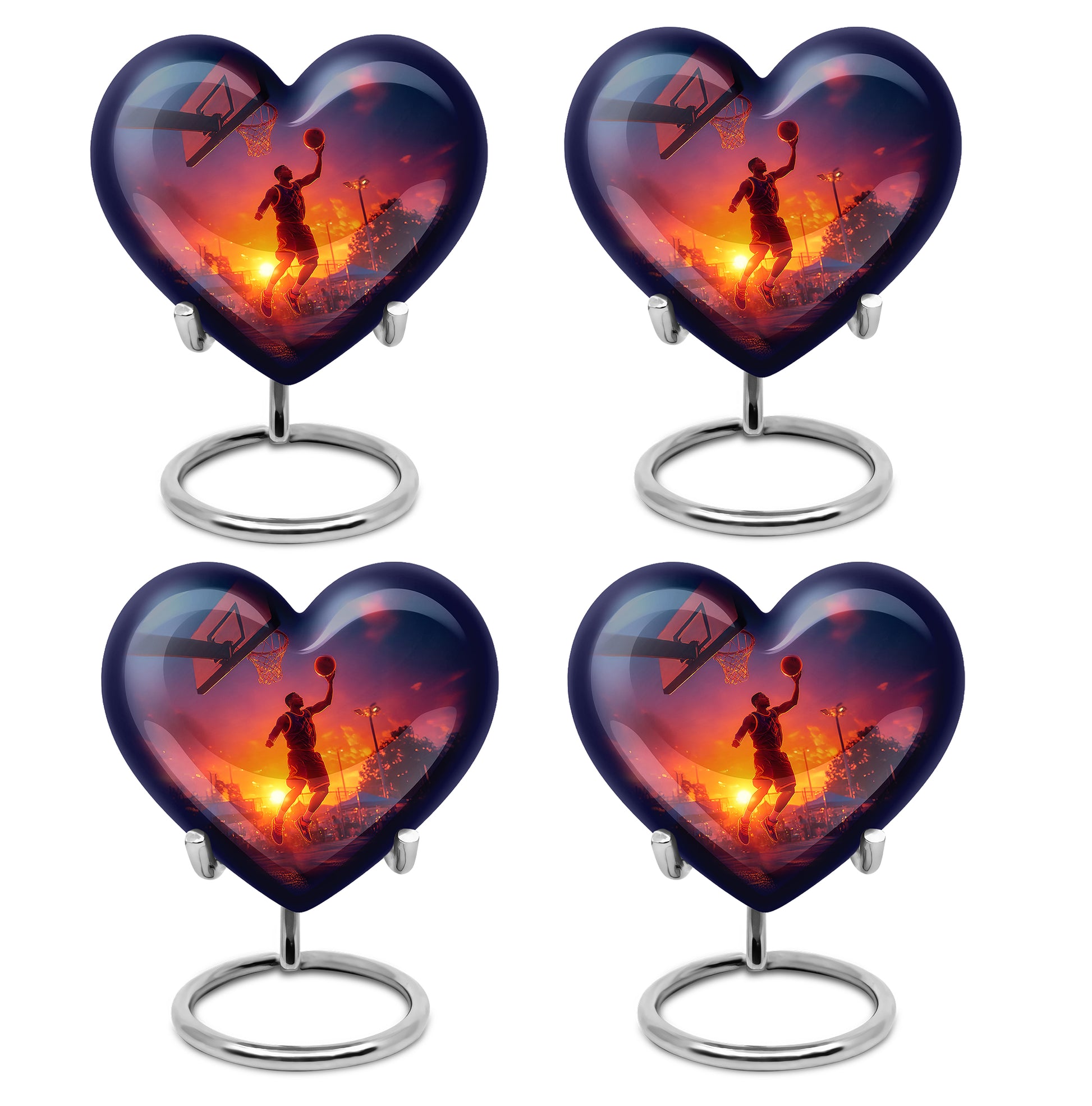 Vivid Blue Basketball Cremation Urn angled view of lid and engraved motif - compassionate heart-basketball combination with gentle curves - 10 inch aluminum urn for cremated remains