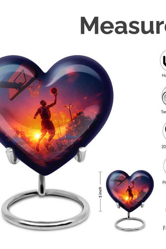 Vivid Blue Basketball Cremation Urn front view showing detailed design - compassionate heart-basketball combination with gentle curves - mini keepsake memorial for portion of cremation ashes